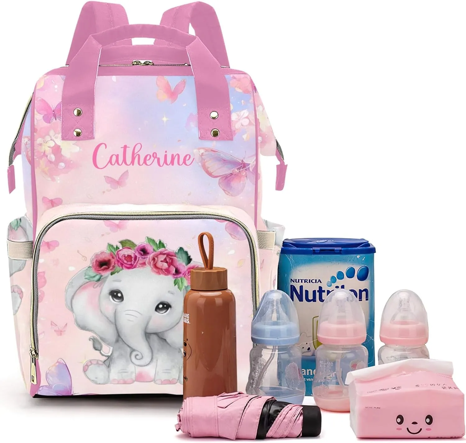 Cute Elephant Personalized Diaper Bags for Baby Girl with Name, Thermal Pockets, Large Custom Baby Bags for Girls, Waterproof Customized Nappy Bag Multi-function Mom Travel Daypack Backpack