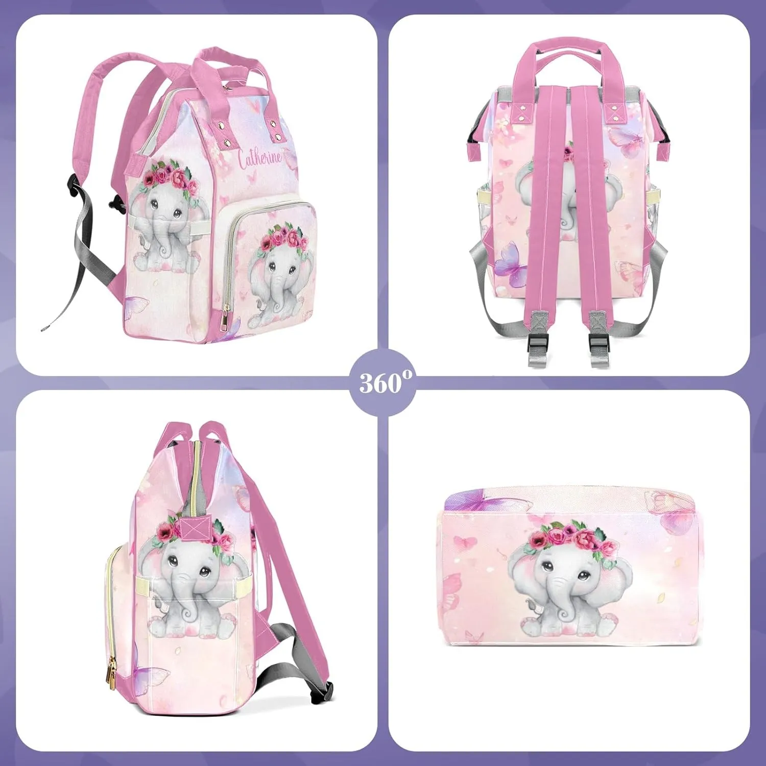 Cute Elephant Personalized Diaper Bags for Baby Girl with Name, Thermal Pockets, Large Custom Baby Bags for Girls, Waterproof Customized Nappy Bag Multi-function Mom Travel Daypack Backpack