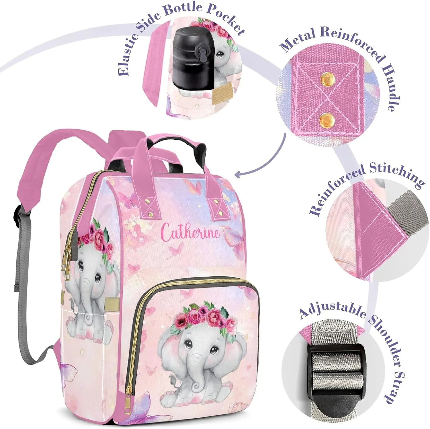 Cute Elephant Personalized Diaper Bags for Baby Girl with Name, Thermal Pockets, Large Custom Baby Bags for Girls, Waterproof Customized Nappy Bag Multi-function Mom Travel Daypack Backpack