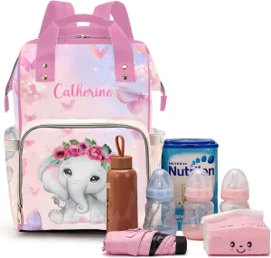 Cute Elephant Personalized Diaper Bags for Baby Girl with Name, Thermal Pockets, Large Custom Baby Bags for Girls, Waterproof Customized Nappy Bag Multi-function Mom Travel Daypack Backpack