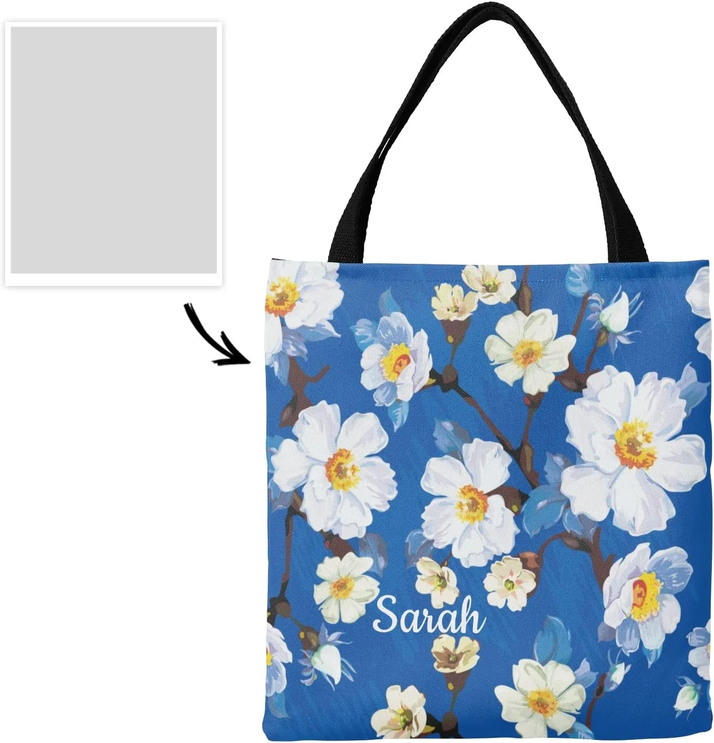 Daisy Vase Flowers Custom Canvas Tote Shopping Bag with Name Text, Personalized Reusable Shoulder Bag for Beach School