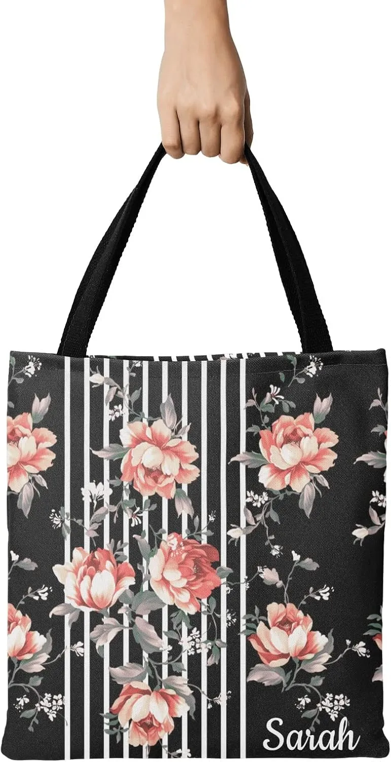Daisy Vase Flowers Custom Canvas Tote Shopping Bag with Name Text, Personalized Reusable Shoulder Bag for Beach School