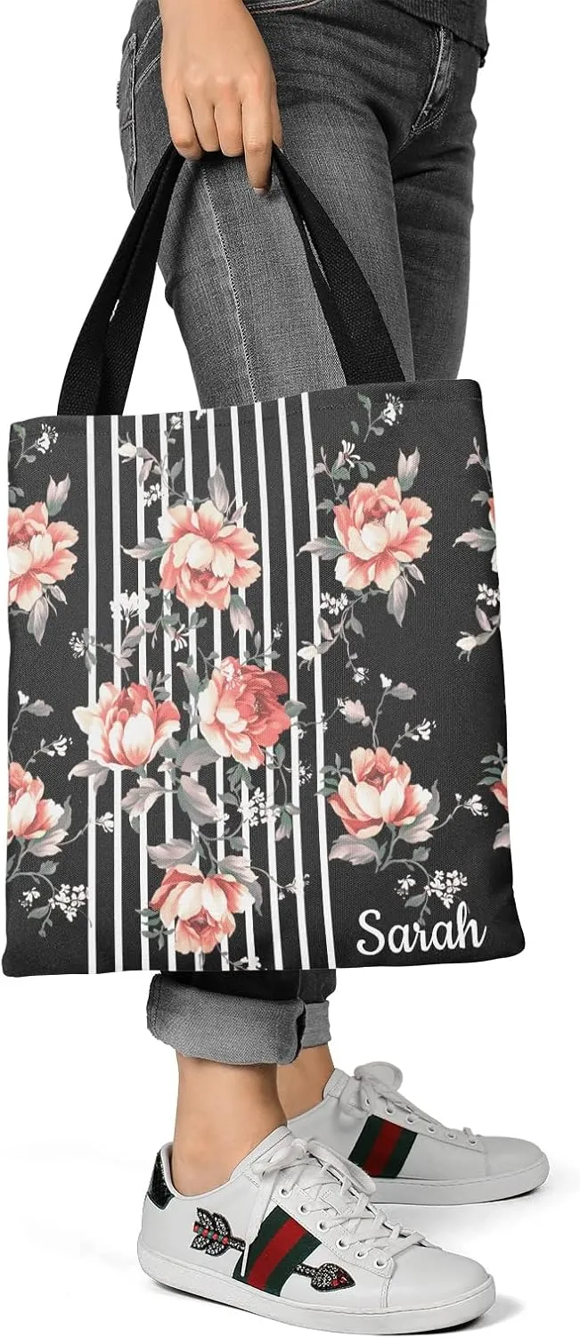 Daisy Vase Flowers Custom Canvas Tote Shopping Bag with Name Text, Personalized Reusable Shoulder Bag for Beach School