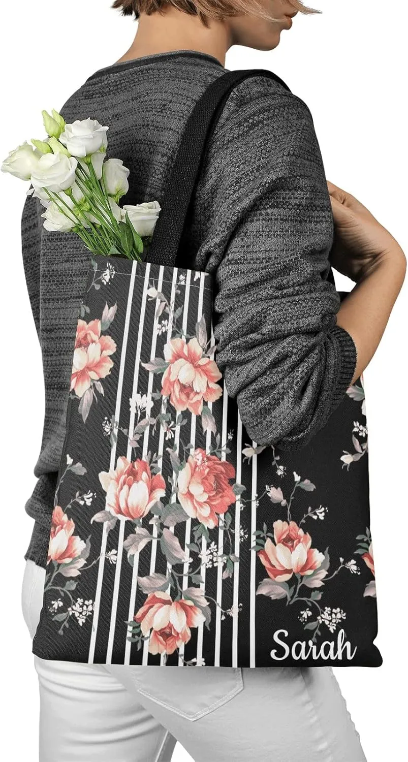 Daisy Vase Flowers Custom Canvas Tote Shopping Bag with Name Text, Personalized Reusable Shoulder Bag for Beach School