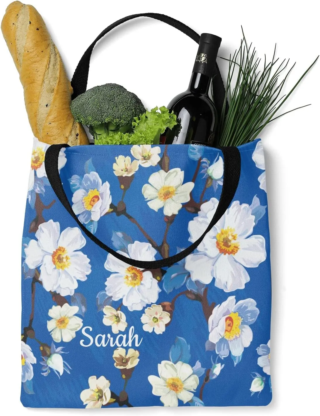 Daisy Vase Flowers Custom Canvas Tote Shopping Bag with Name Text, Personalized Reusable Shoulder Bag for Beach School
