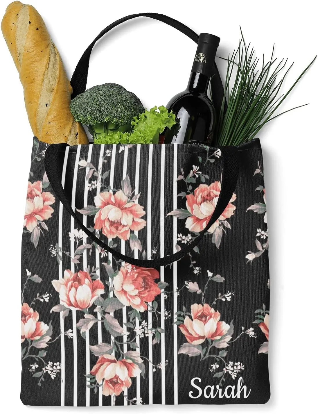 Daisy Vase Flowers Custom Canvas Tote Shopping Bag with Name Text, Personalized Reusable Shoulder Bag for Beach School