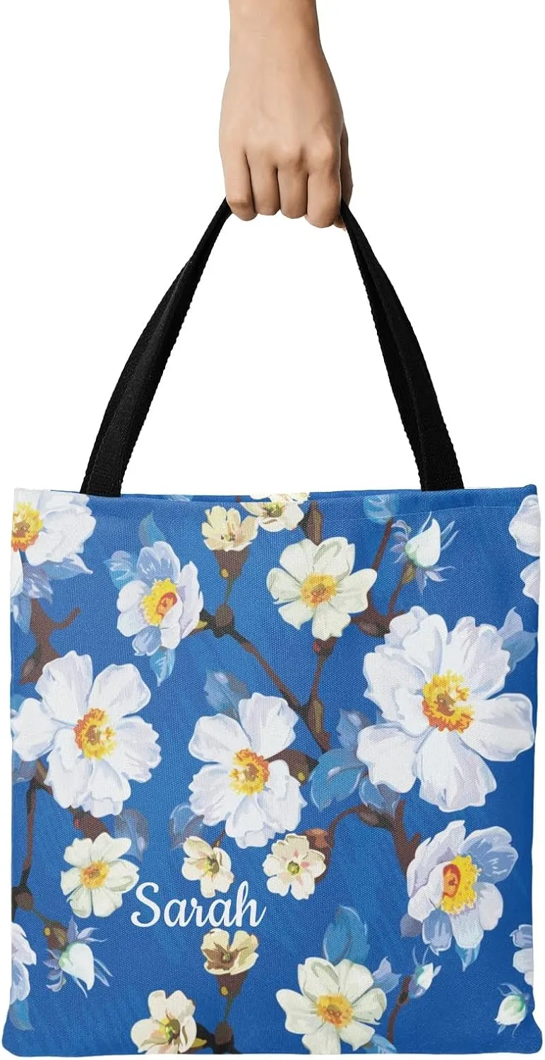 Daisy Vase Flowers Custom Canvas Tote Shopping Bag with Name Text, Personalized Reusable Shoulder Bag for Beach School