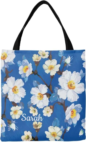 Daisy Vase Flowers Custom Canvas Tote Shopping Bag with Name Text, Personalized Reusable Shoulder Bag for Beach School
