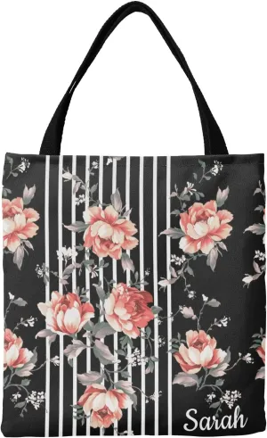 Daisy Vase Flowers Custom Canvas Tote Shopping Bag with Name Text, Personalized Reusable Shoulder Bag for Beach School