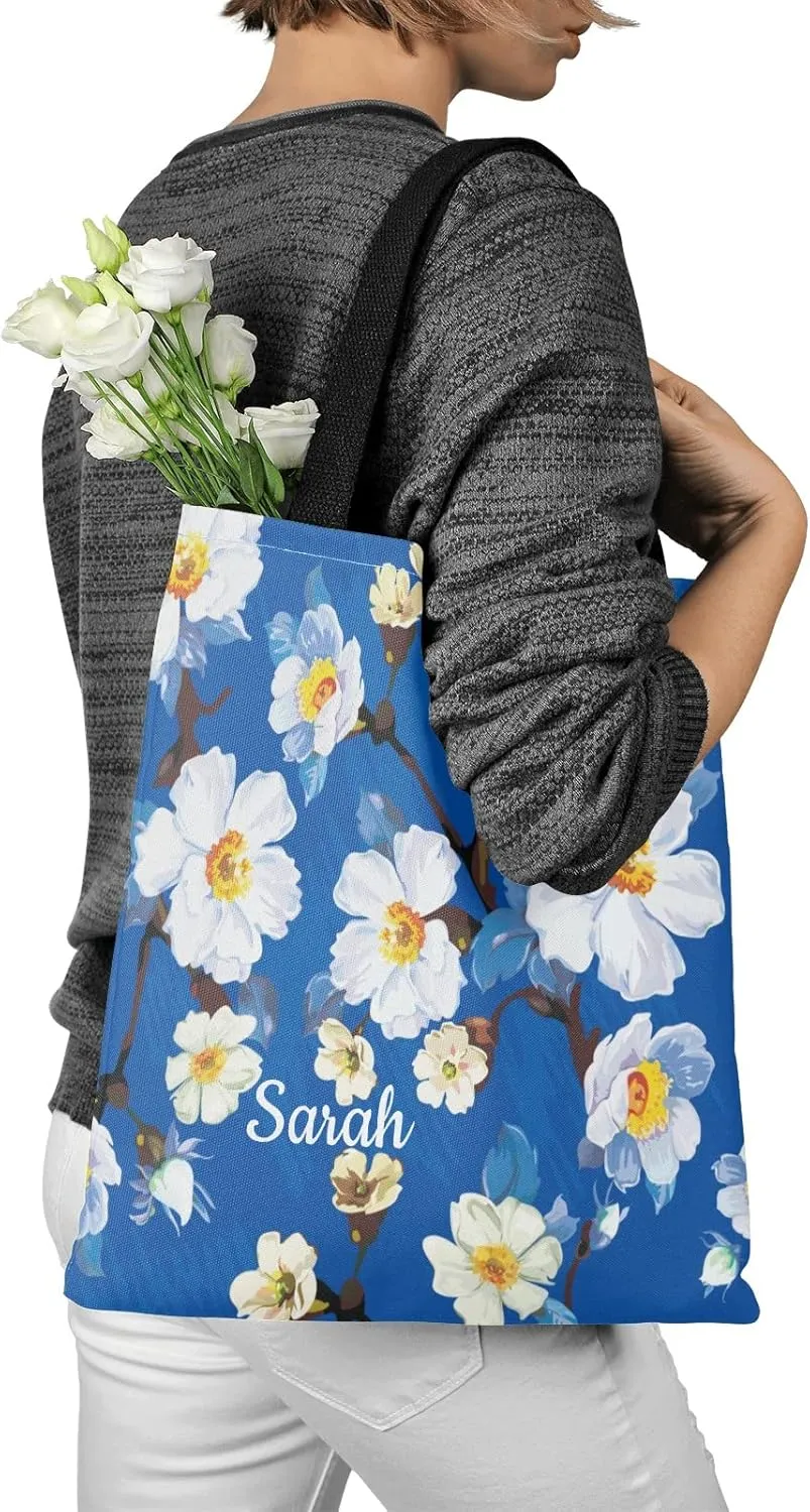 Daisy Vase Flowers Custom Canvas Tote Shopping Bag with Name Text, Personalized Reusable Shoulder Bag for Beach School
