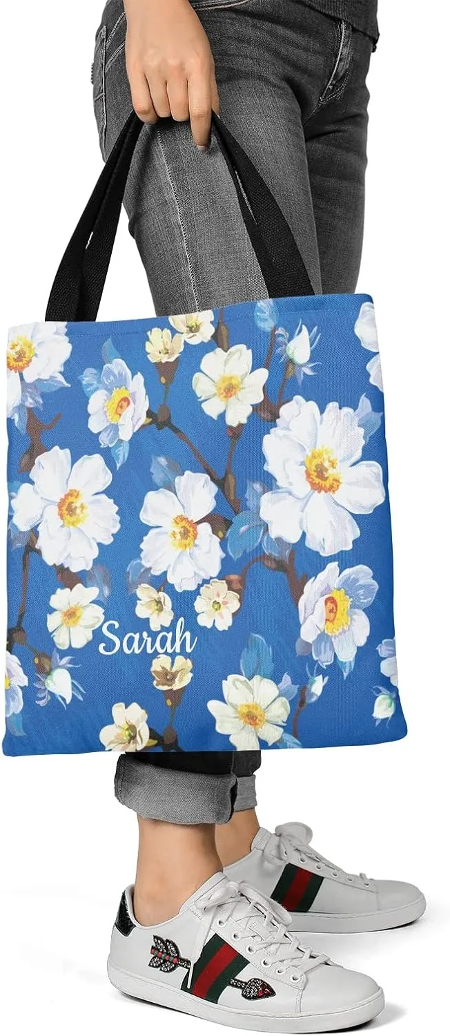 Daisy Vase Flowers Custom Canvas Tote Shopping Bag with Name Text, Personalized Reusable Shoulder Bag for Beach School