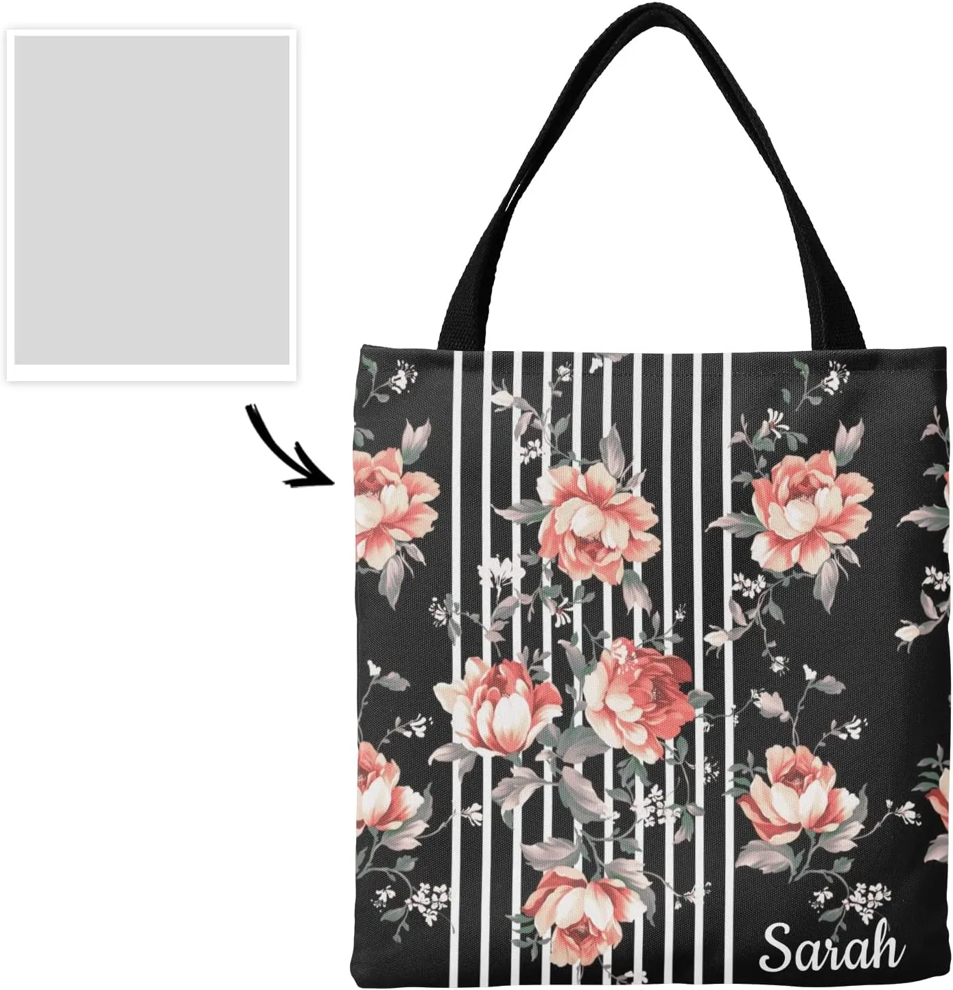 Daisy Vase Flowers Custom Canvas Tote Shopping Bag with Name Text, Personalized Reusable Shoulder Bag for Beach School