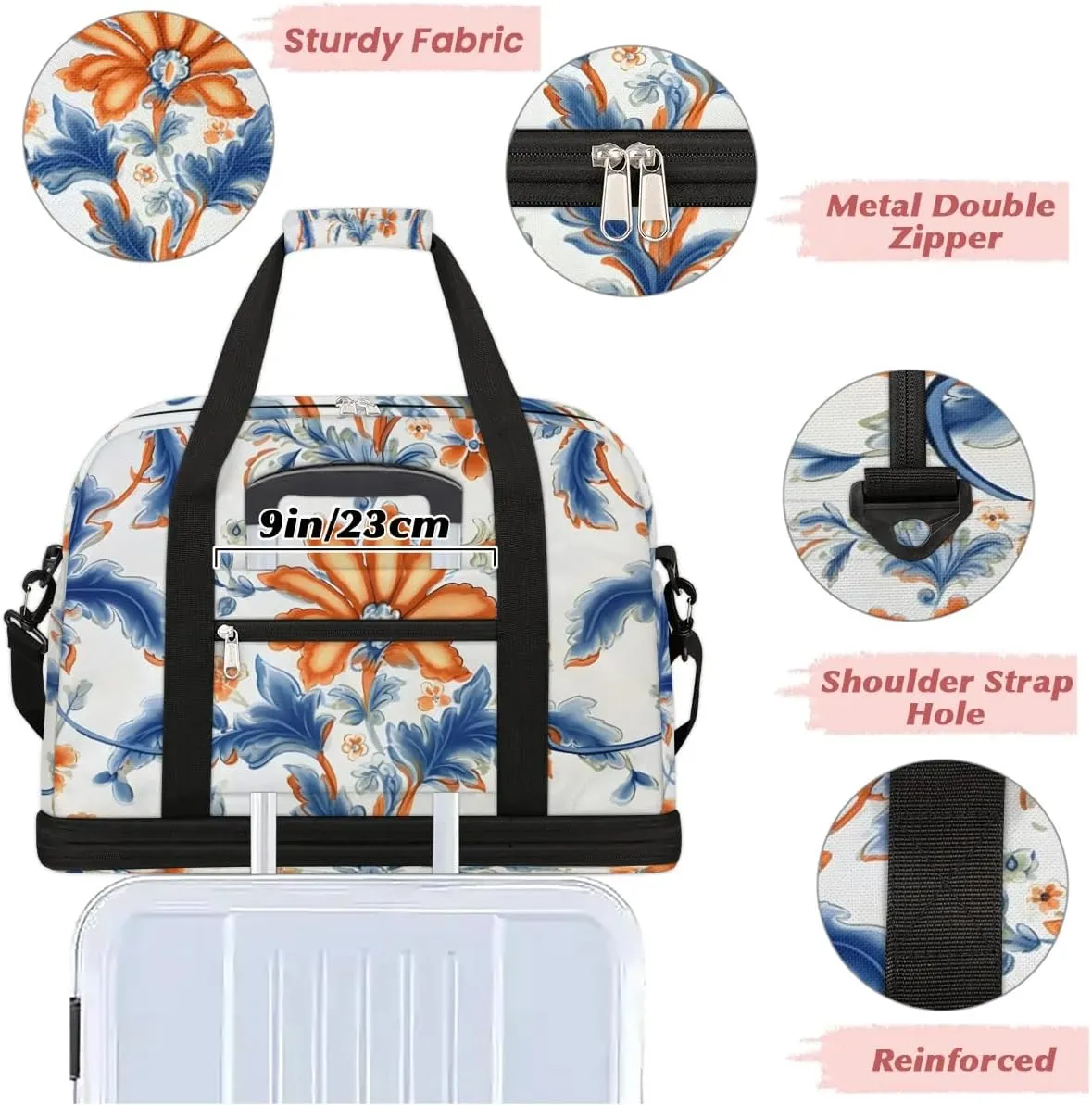Delicate Flora Pattern Retro Travel Duffle Bag, Collapsible Travel Bag Sports Gym Bag With Shoes Compartment Weekender Bag Overnight Bag For Women Men