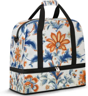 Delicate Flora Pattern Retro Travel Duffle Bag, Collapsible Travel Bag Sports Gym Bag With Shoes Compartment Weekender Bag Overnight Bag For Women Men