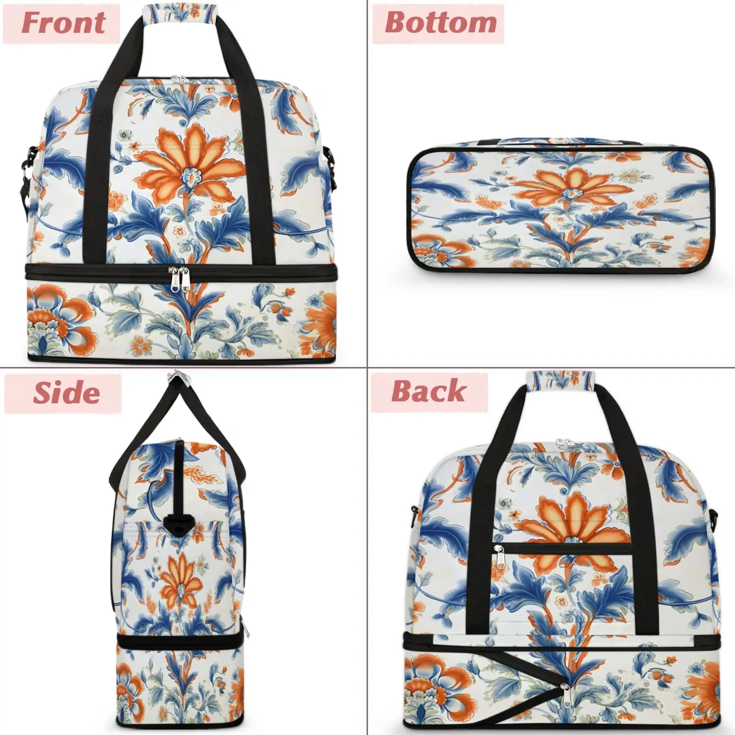Delicate Flora Pattern Retro Travel Duffle Bag, Collapsible Travel Bag Sports Gym Bag With Shoes Compartment Weekender Bag Overnight Bag For Women Men