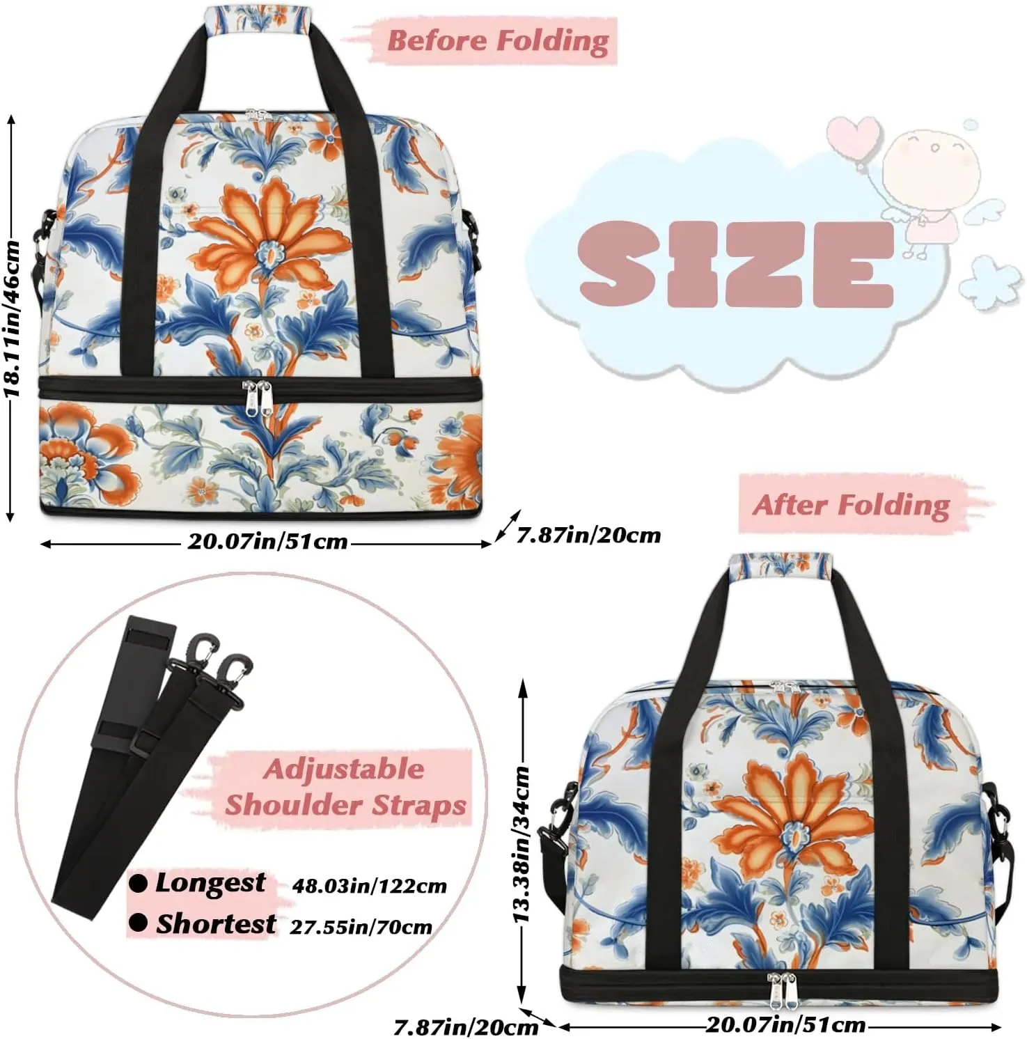 Delicate Flora Pattern Retro Travel Duffle Bag, Collapsible Travel Bag Sports Gym Bag With Shoes Compartment Weekender Bag Overnight Bag For Women Men