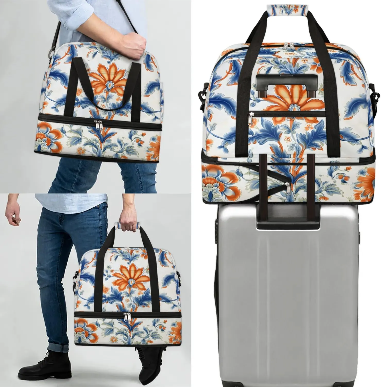 Delicate Flora Pattern Retro Travel Duffle Bag, Collapsible Travel Bag Sports Gym Bag With Shoes Compartment Weekender Bag Overnight Bag For Women Men