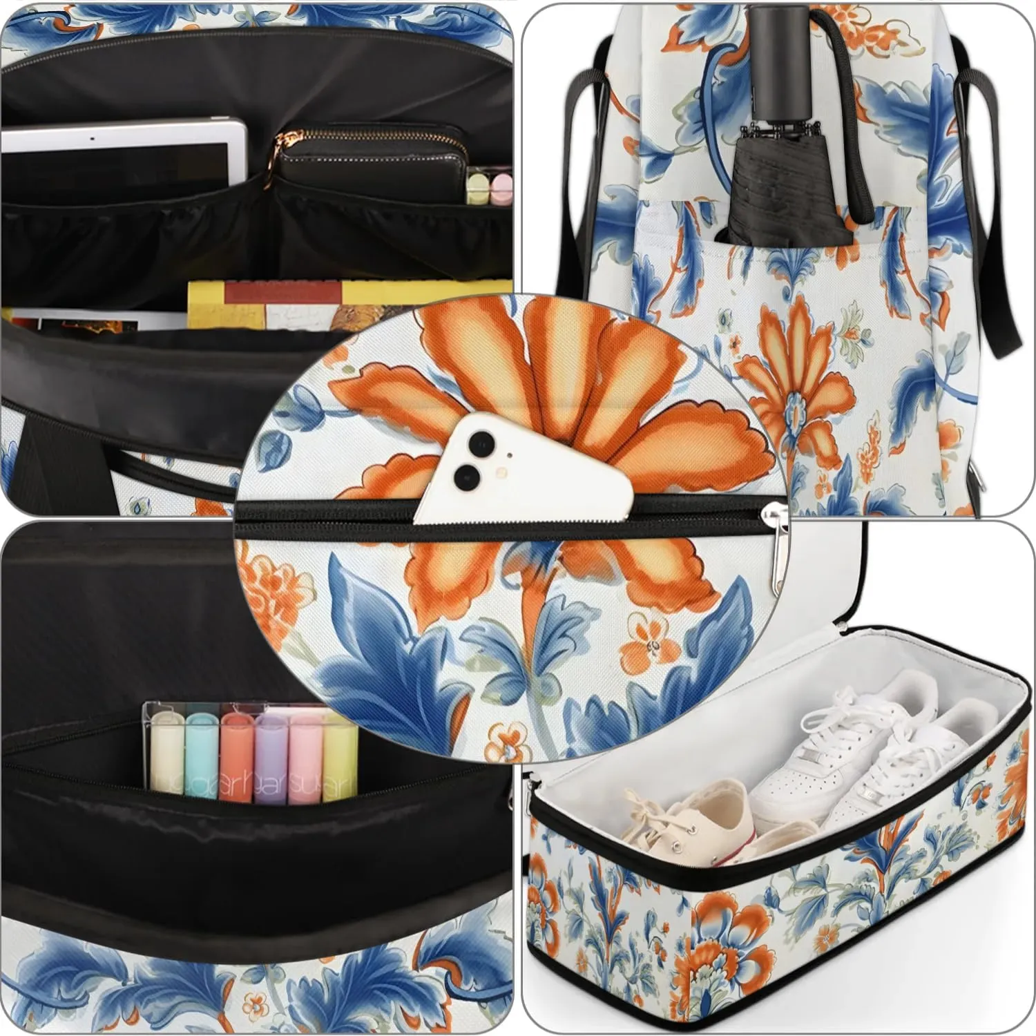 Delicate Flora Pattern Retro Travel Duffle Bag, Collapsible Travel Bag Sports Gym Bag With Shoes Compartment Weekender Bag Overnight Bag For Women Men