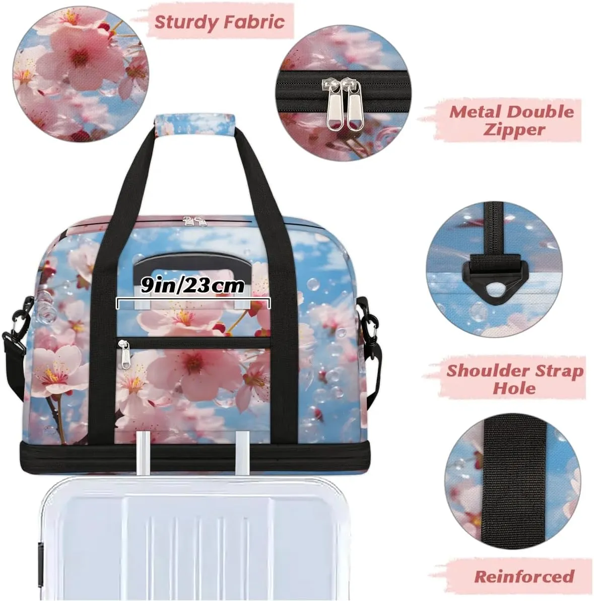 Delicate Flora Print Beauty Travel Duffle Bag, Collapsible Travel Bag Sports Gym Bag With Shoes Compartment Weekender Bag Overnight Bag For Women Men