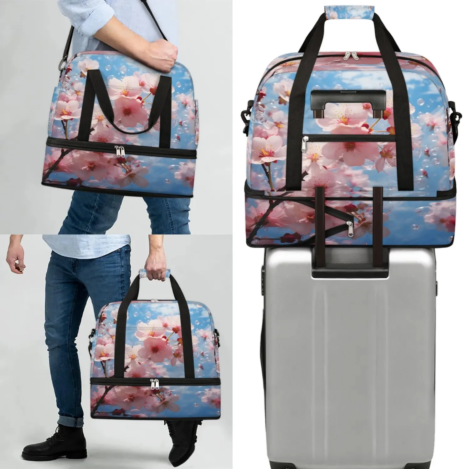 Delicate Flora Print Beauty Travel Duffle Bag, Collapsible Travel Bag Sports Gym Bag With Shoes Compartment Weekender Bag Overnight Bag For Women Men