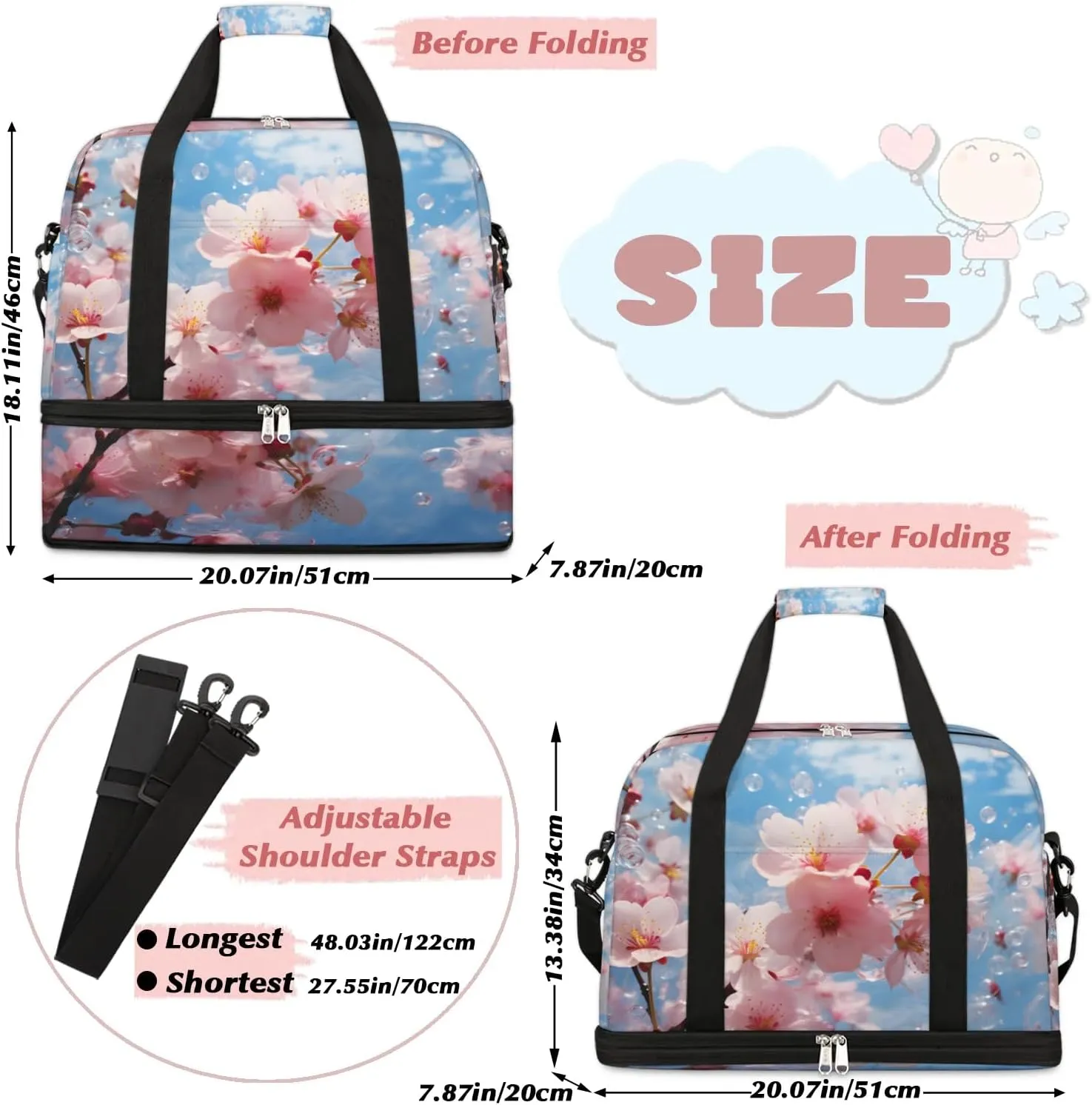 Delicate Flora Print Beauty Travel Duffle Bag, Collapsible Travel Bag Sports Gym Bag With Shoes Compartment Weekender Bag Overnight Bag For Women Men