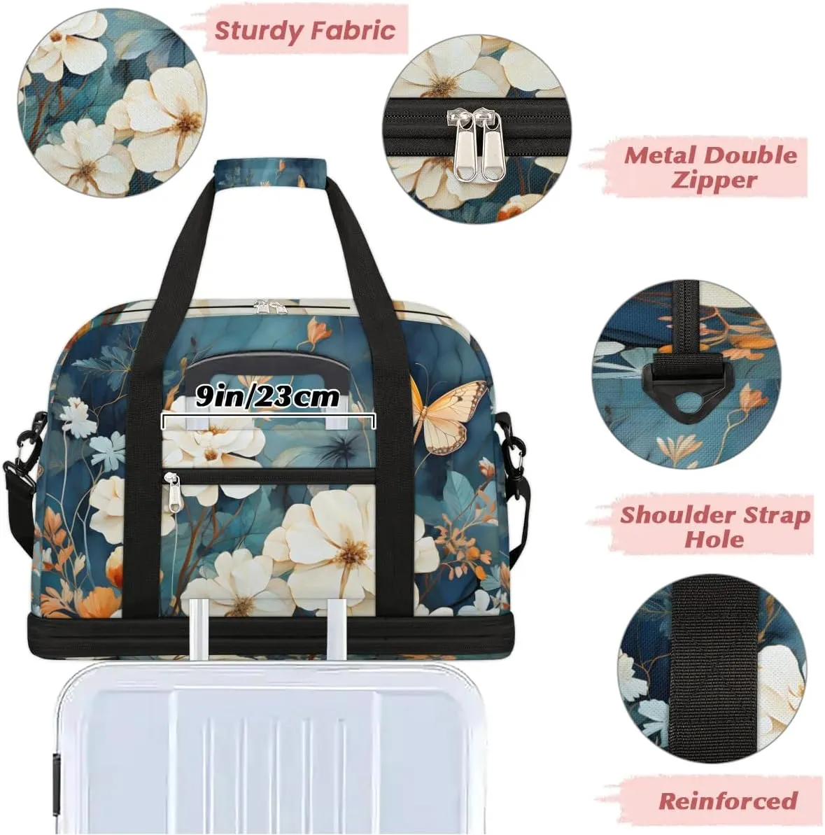 Delicate Flora Print Butterfly Travel Duffle Bag, Collapsible Travel Bag Sports Gym Bag With Shoes Compartment Weekender Bag Overnight Bag For Women Men