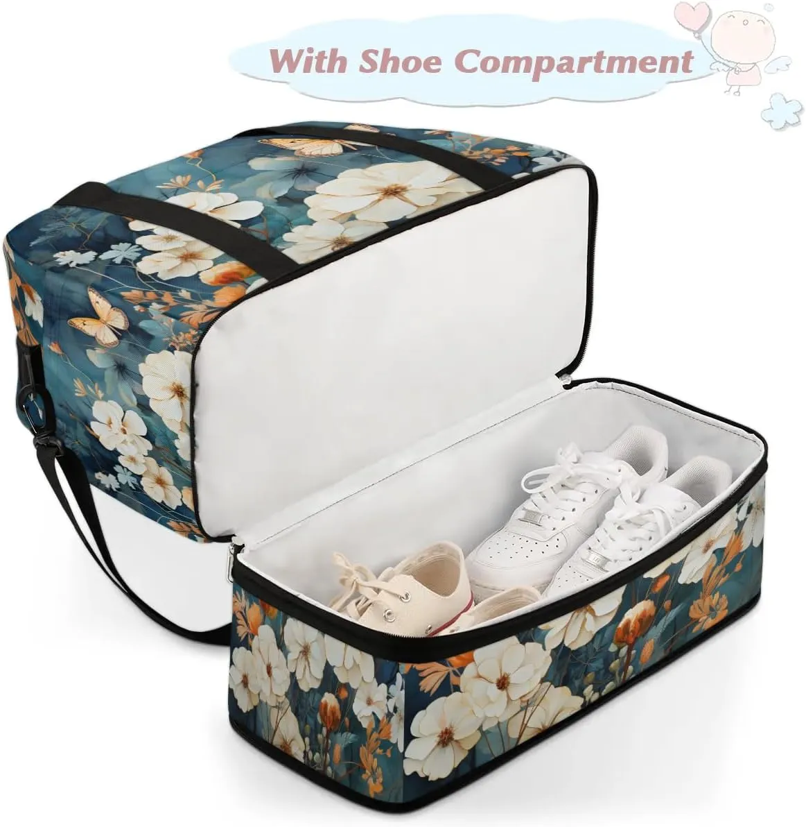 Delicate Flora Print Butterfly Travel Duffle Bag, Collapsible Travel Bag Sports Gym Bag With Shoes Compartment Weekender Bag Overnight Bag For Women Men