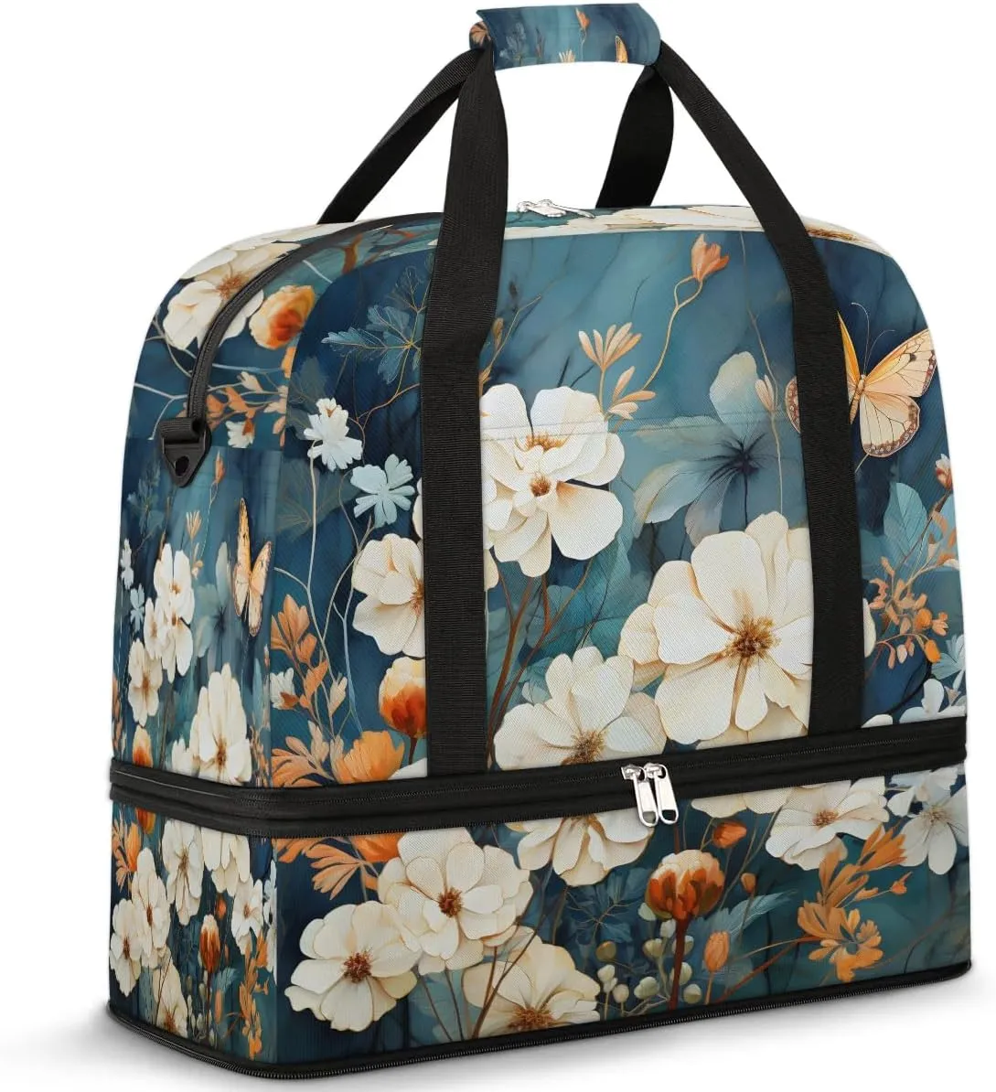 Delicate Flora Print Butterfly Travel Duffle Bag, Collapsible Travel Bag Sports Gym Bag With Shoes Compartment Weekender Bag Overnight Bag For Women Men