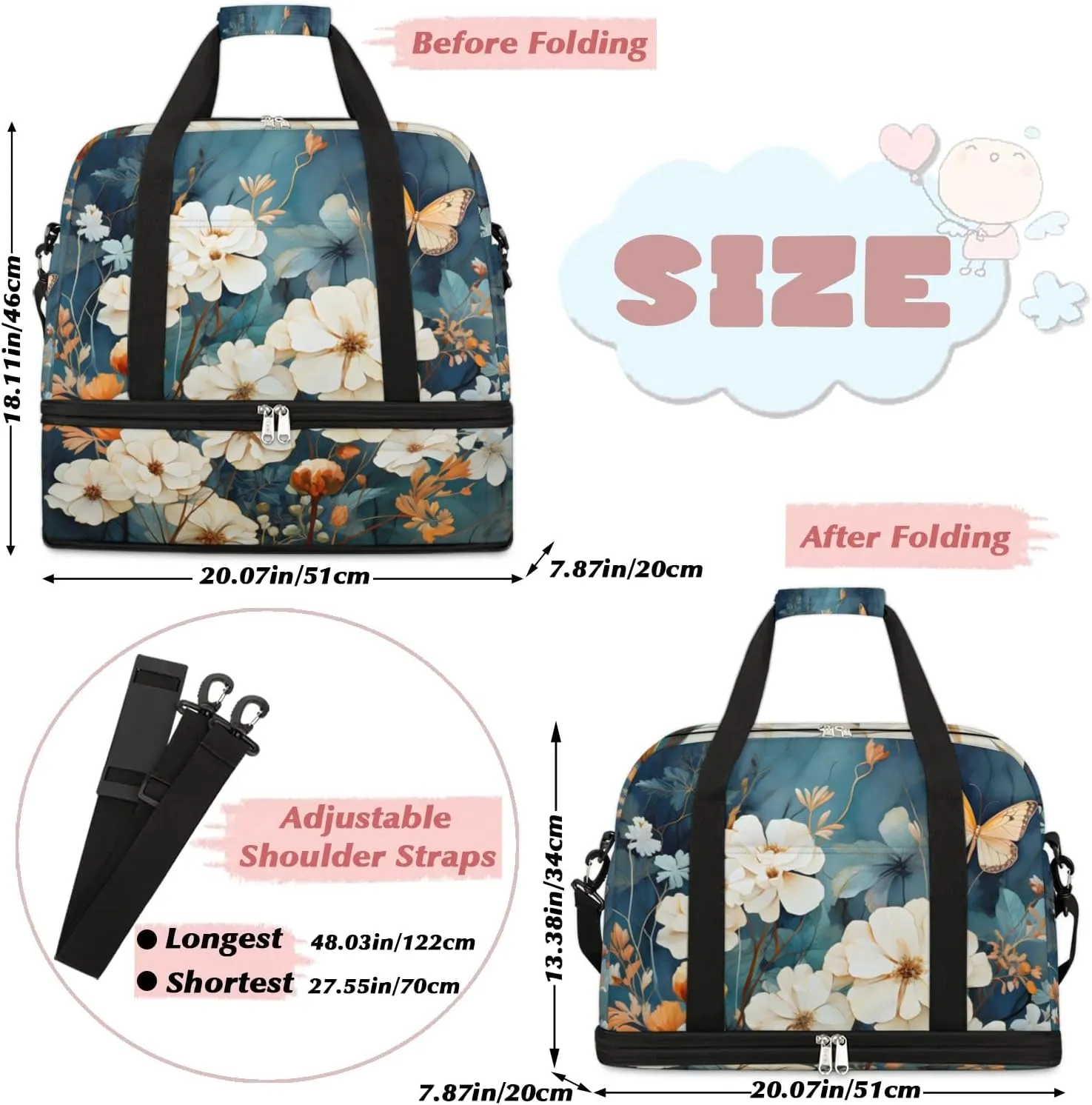 Delicate Flora Print Butterfly Travel Duffle Bag, Collapsible Travel Bag Sports Gym Bag With Shoes Compartment Weekender Bag Overnight Bag For Women Men