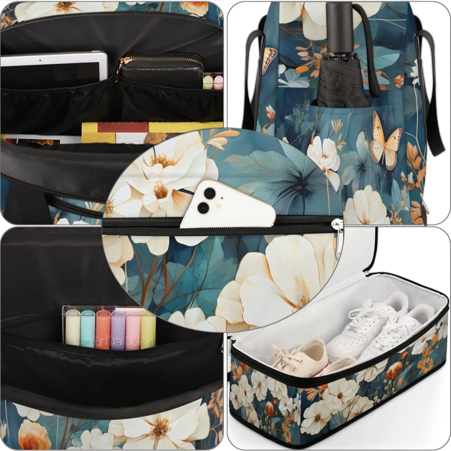 Delicate Flora Print Butterfly Travel Duffle Bag, Collapsible Travel Bag Sports Gym Bag With Shoes Compartment Weekender Bag Overnight Bag For Women Men