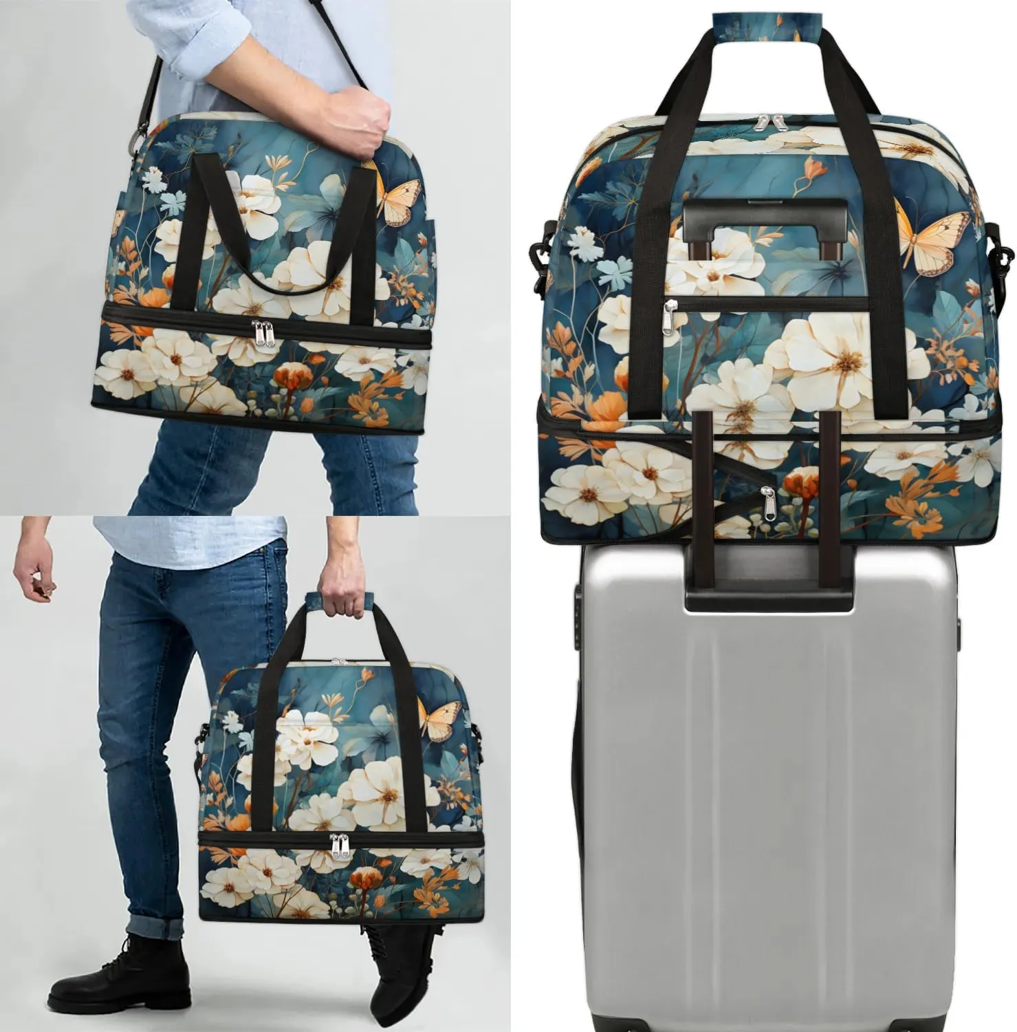 Delicate Flora Print Butterfly Travel Duffle Bag, Collapsible Travel Bag Sports Gym Bag With Shoes Compartment Weekender Bag Overnight Bag For Women Men