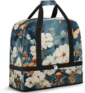 Delicate Flora Print Butterfly Travel Duffle Bag, Collapsible Travel Bag Sports Gym Bag With Shoes Compartment Weekender Bag Overnight Bag For Women Men