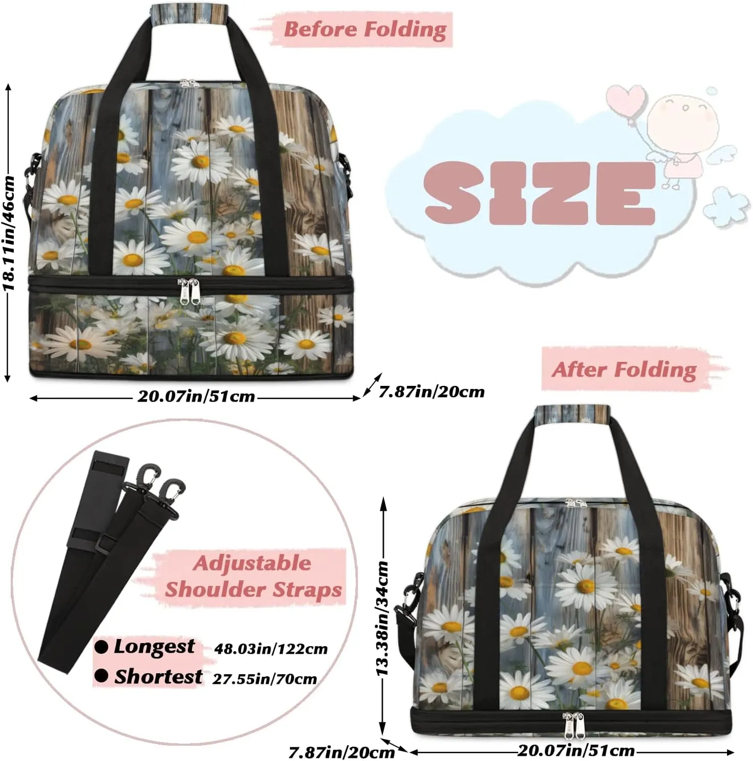 Delicate Flora Retro Print Travel Duffle Bag, Collapsible Travel Bag Sports Gym Bag With Shoes Compartment Weekender Bag Overnight Bag For Women Men