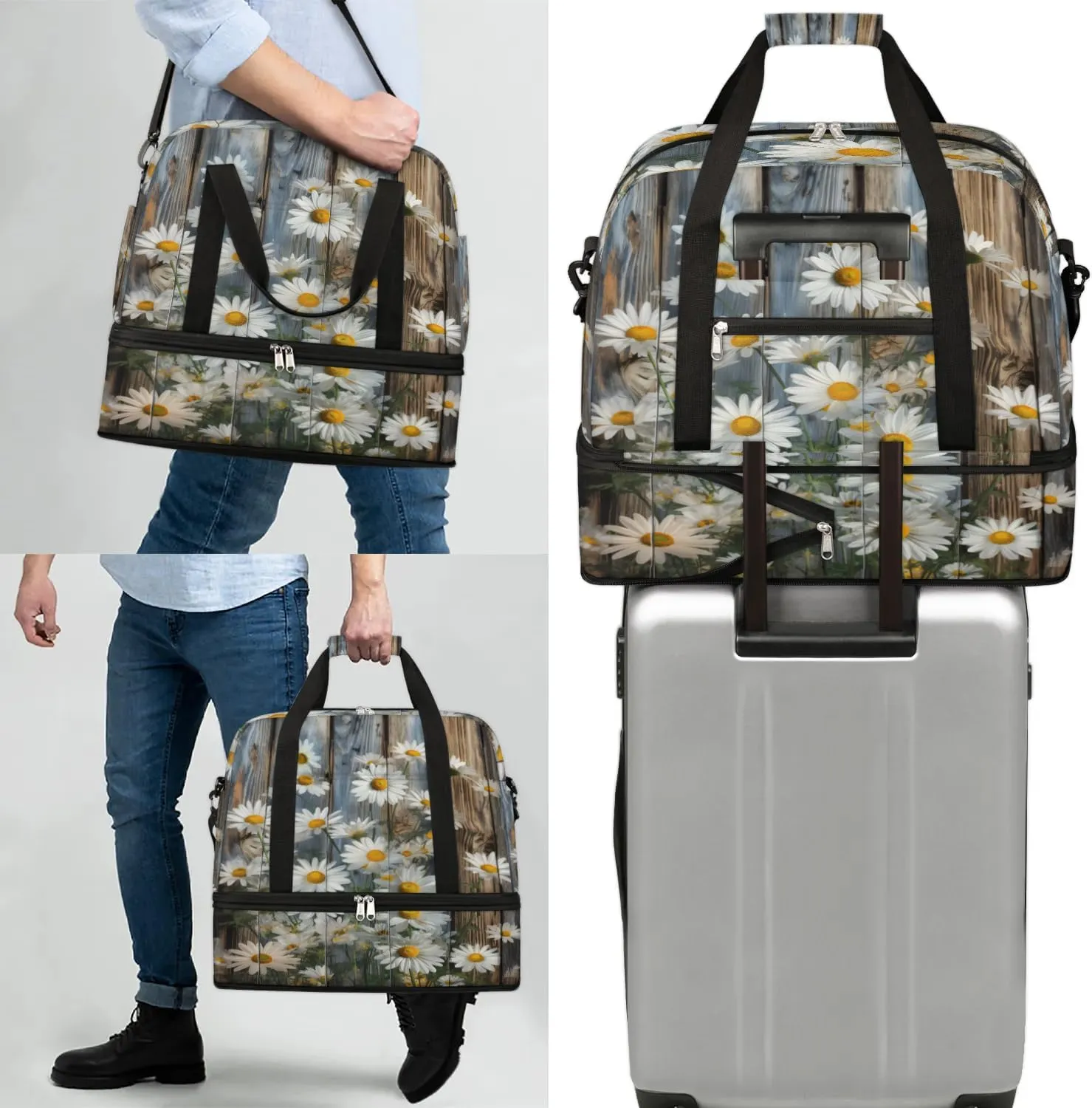 Delicate Flora Retro Print Travel Duffle Bag, Collapsible Travel Bag Sports Gym Bag With Shoes Compartment Weekender Bag Overnight Bag For Women Men