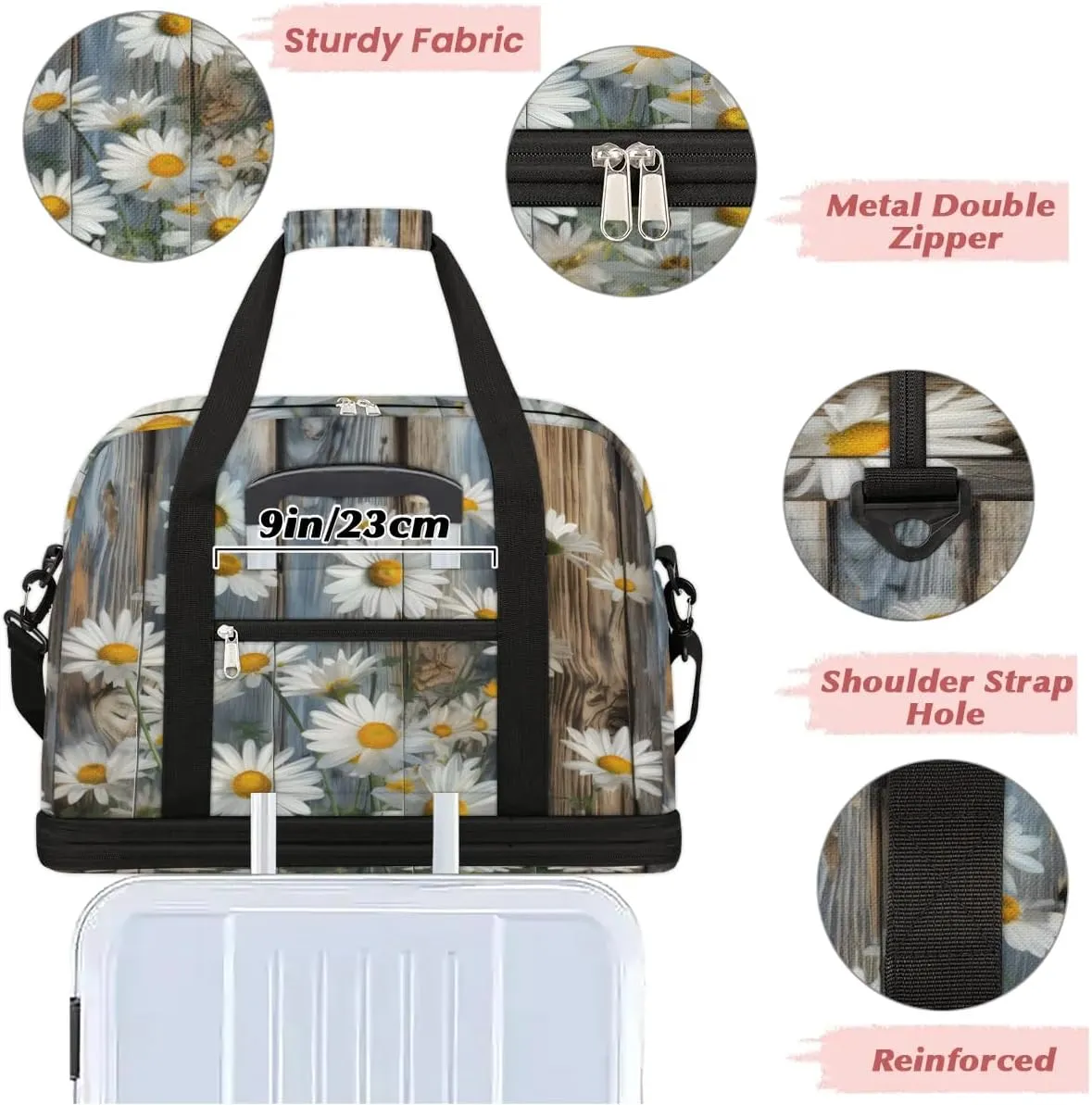 Delicate Flora Retro Print Travel Duffle Bag, Collapsible Travel Bag Sports Gym Bag With Shoes Compartment Weekender Bag Overnight Bag For Women Men