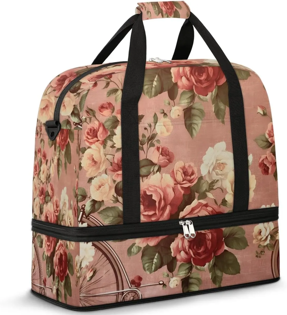 Delicate Flower Patterns Retro Travel Duffle Bag, Collapsible Travel Bag Sports Gym Bag With Shoes Compartment Weekender Bag Overnight Bag For Women Men