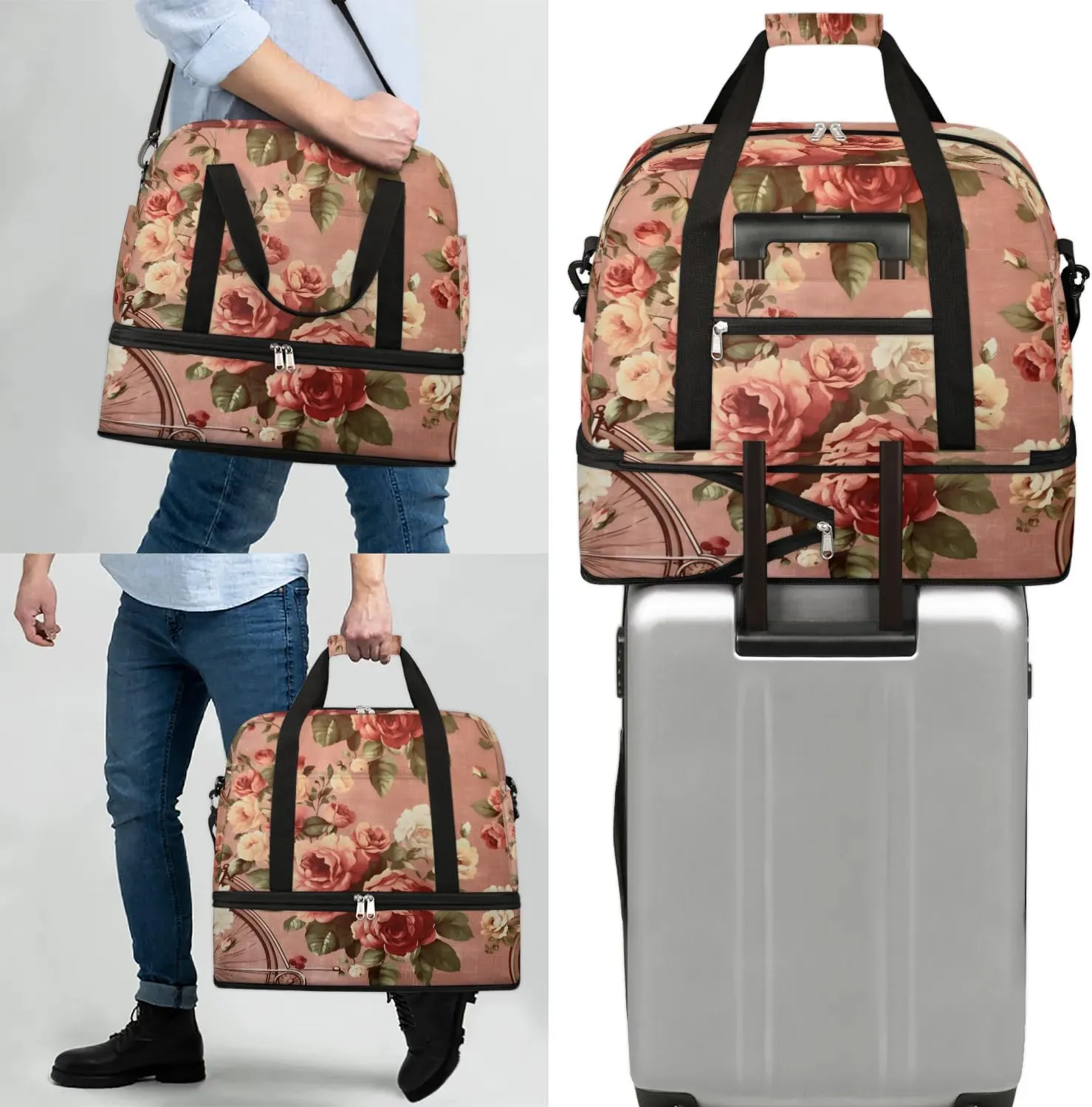 Delicate Flower Patterns Retro Travel Duffle Bag, Collapsible Travel Bag Sports Gym Bag With Shoes Compartment Weekender Bag Overnight Bag For Women Men
