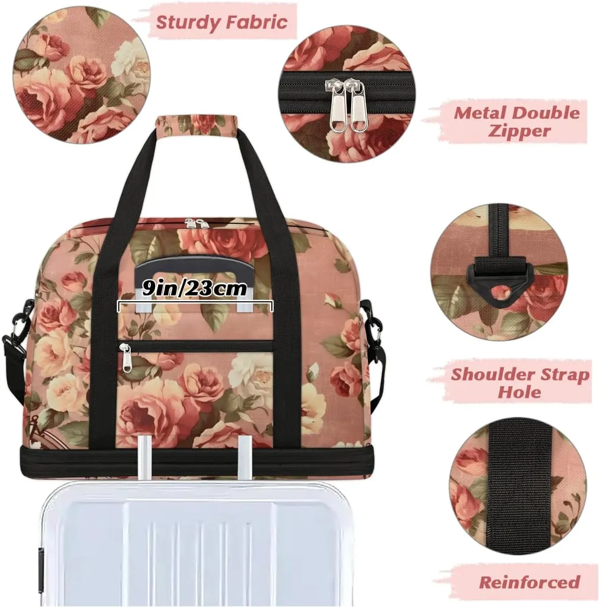 Delicate Flower Patterns Retro Travel Duffle Bag, Collapsible Travel Bag Sports Gym Bag With Shoes Compartment Weekender Bag Overnight Bag For Women Men