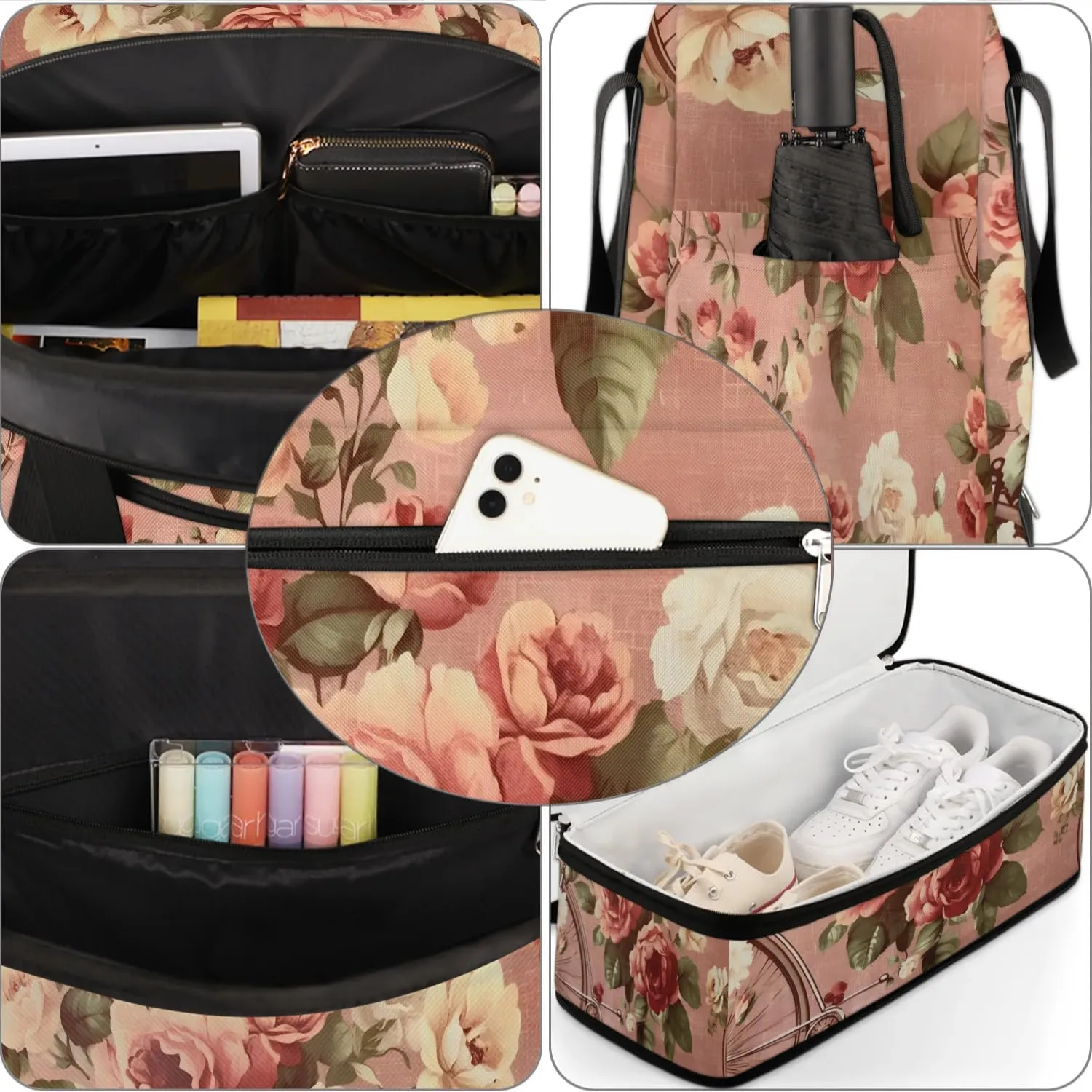 Delicate Flower Patterns Retro Travel Duffle Bag, Collapsible Travel Bag Sports Gym Bag With Shoes Compartment Weekender Bag Overnight Bag For Women Men
