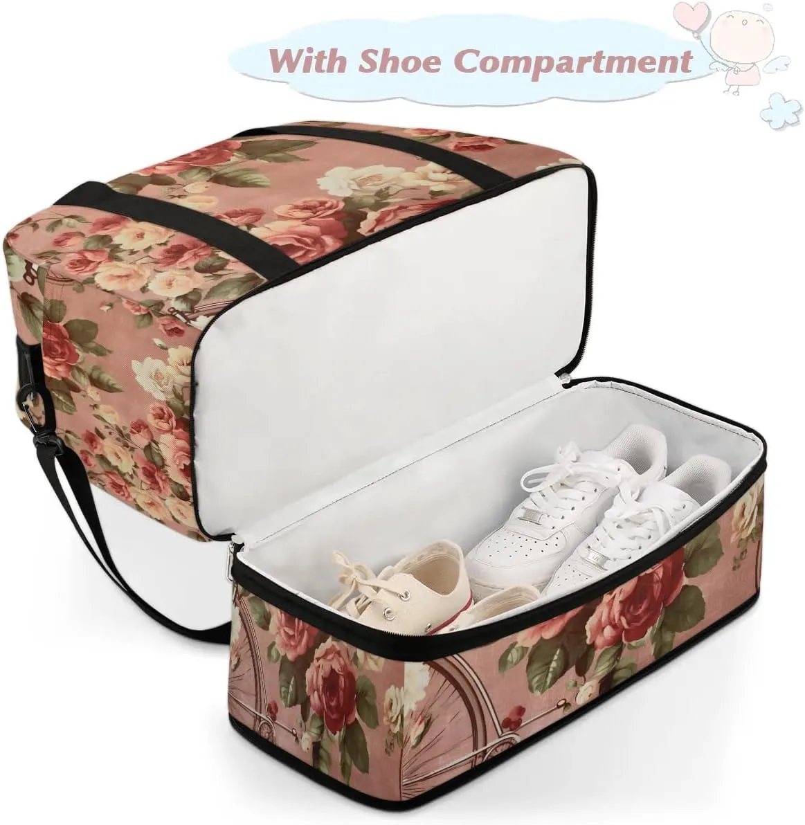 Delicate Flower Patterns Retro Travel Duffle Bag, Collapsible Travel Bag Sports Gym Bag With Shoes Compartment Weekender Bag Overnight Bag For Women Men