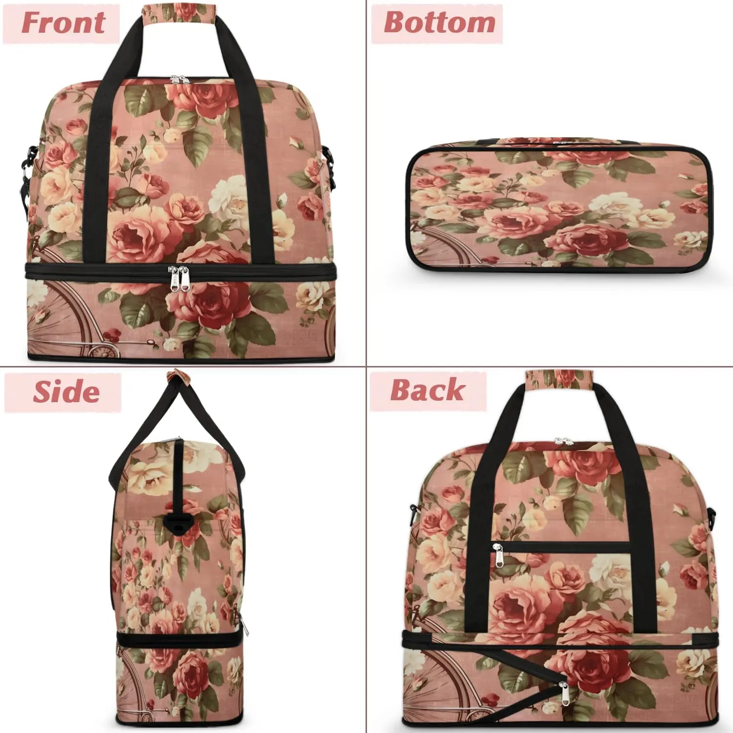 Delicate Flower Patterns Retro Travel Duffle Bag, Collapsible Travel Bag Sports Gym Bag With Shoes Compartment Weekender Bag Overnight Bag For Women Men