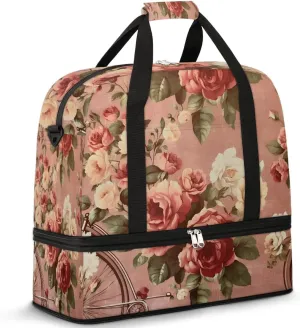 Delicate Flower Patterns Retro Travel Duffle Bag, Collapsible Travel Bag Sports Gym Bag With Shoes Compartment Weekender Bag Overnight Bag For Women Men