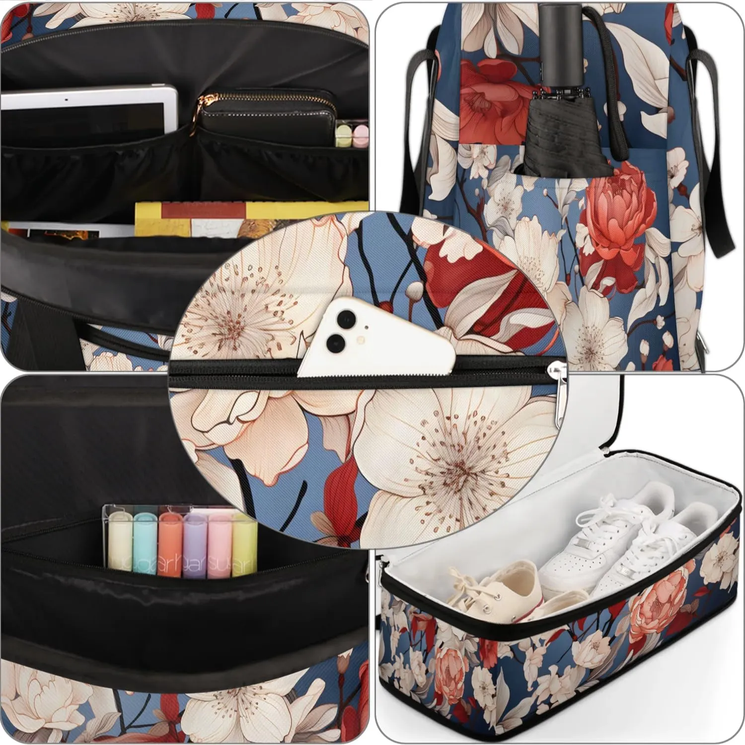 Delicate Patterns Retro Flowers Travel Duffle Bag, Collapsible Travel Bag Sports Gym Bag With Shoes Compartment Weekender Bag Overnight Bag For Women Men