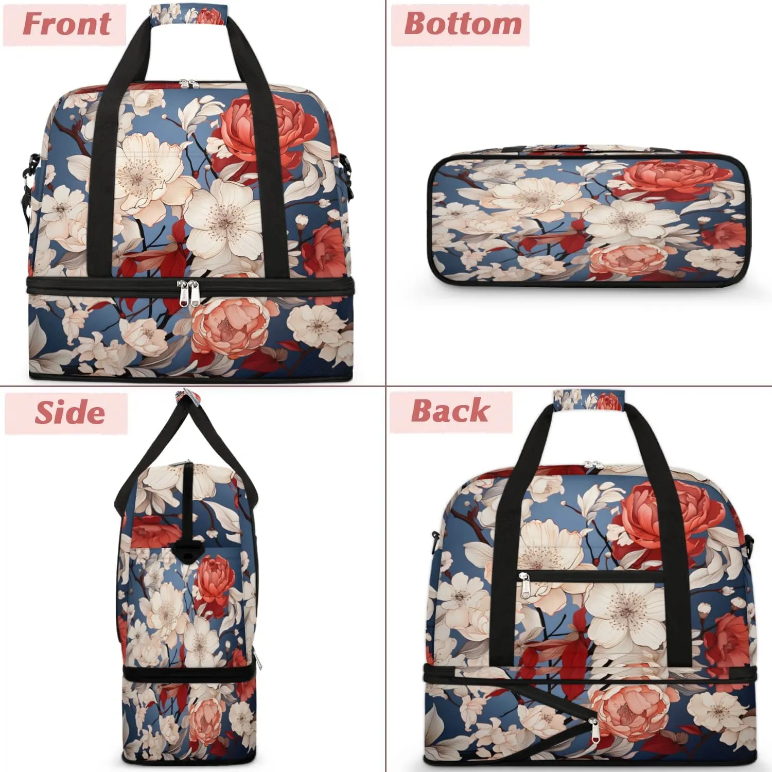 Delicate Patterns Retro Flowers Travel Duffle Bag, Collapsible Travel Bag Sports Gym Bag With Shoes Compartment Weekender Bag Overnight Bag For Women Men