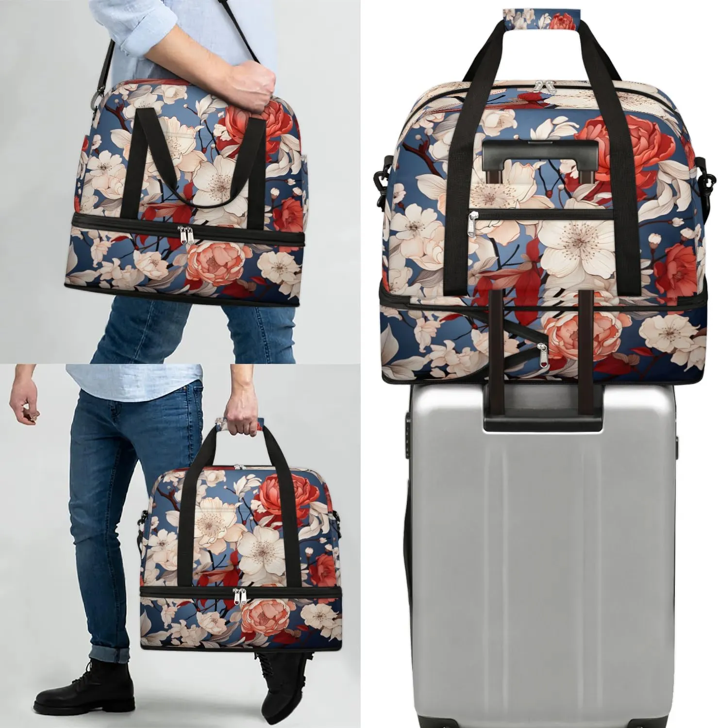 Delicate Patterns Retro Flowers Travel Duffle Bag, Collapsible Travel Bag Sports Gym Bag With Shoes Compartment Weekender Bag Overnight Bag For Women Men