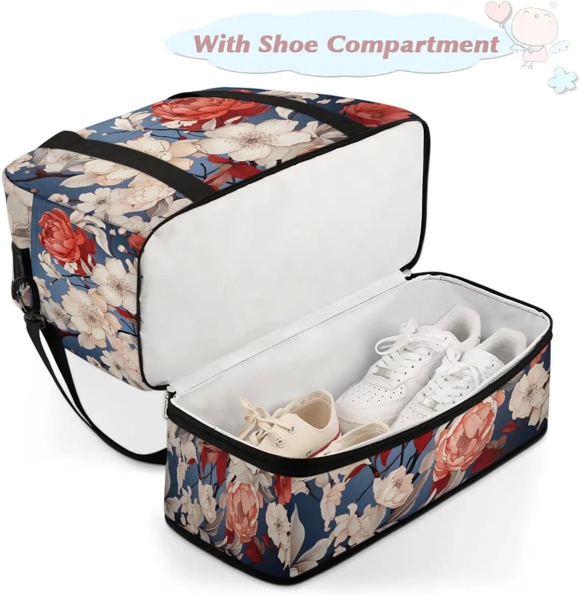 Delicate Patterns Retro Flowers Travel Duffle Bag, Collapsible Travel Bag Sports Gym Bag With Shoes Compartment Weekender Bag Overnight Bag For Women Men