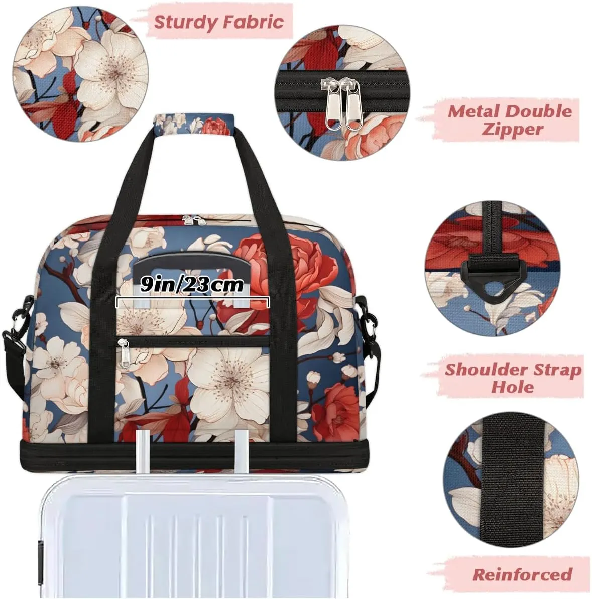 Delicate Patterns Retro Flowers Travel Duffle Bag, Collapsible Travel Bag Sports Gym Bag With Shoes Compartment Weekender Bag Overnight Bag For Women Men