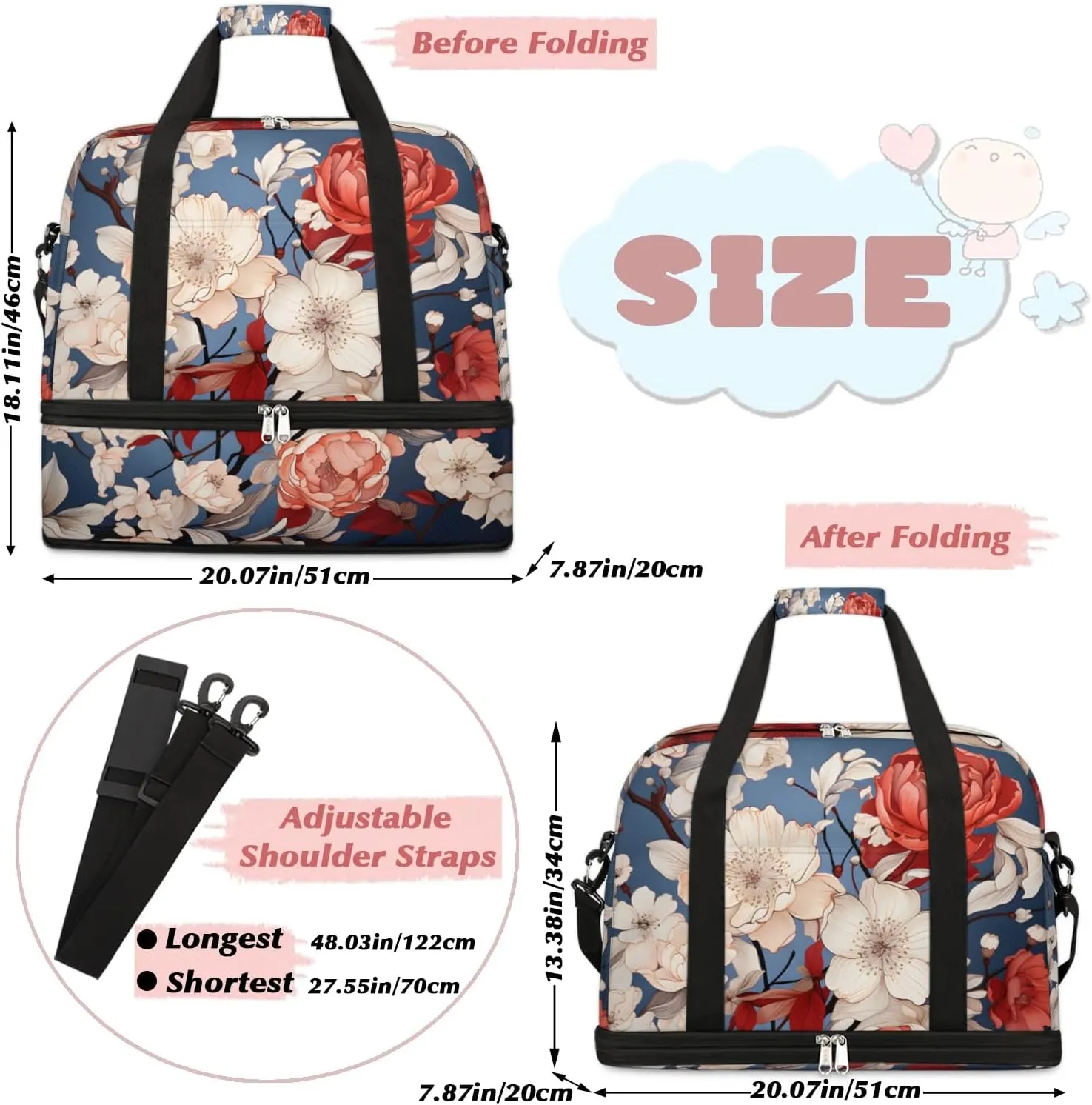 Delicate Patterns Retro Flowers Travel Duffle Bag, Collapsible Travel Bag Sports Gym Bag With Shoes Compartment Weekender Bag Overnight Bag For Women Men