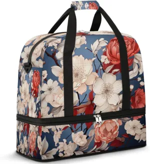 Delicate Patterns Retro Flowers Travel Duffle Bag, Collapsible Travel Bag Sports Gym Bag With Shoes Compartment Weekender Bag Overnight Bag For Women Men