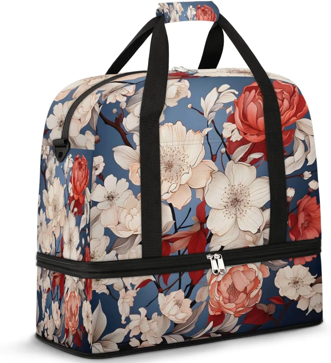 Delicate Patterns Retro Flowers Travel Duffle Bag, Collapsible Travel Bag Sports Gym Bag With Shoes Compartment Weekender Bag Overnight Bag For Women Men